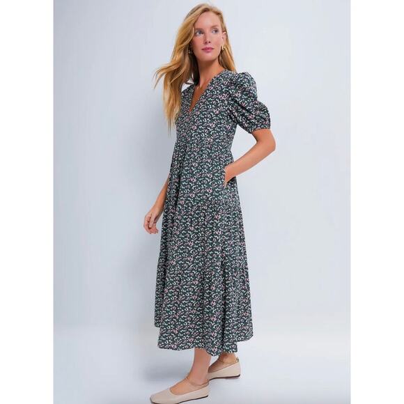 Tuckernuck Hyacinth House Green & Pink Floral Tiered Sadie Midi Dress Sz S - Picture 3 of 8